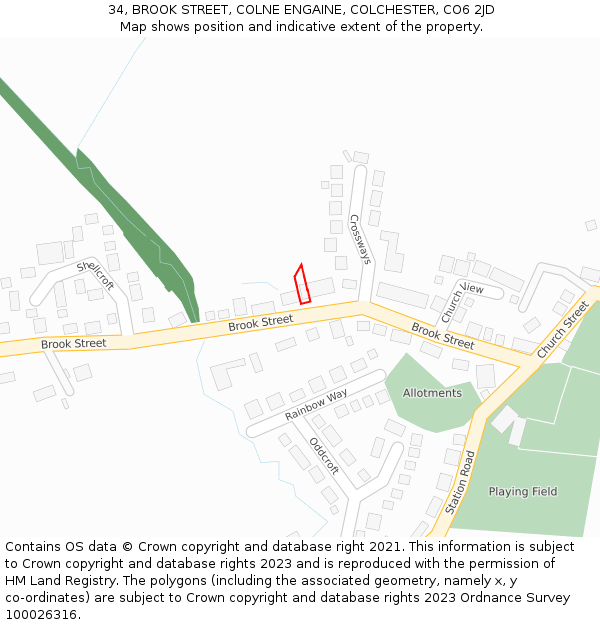 34, BROOK STREET, COLNE ENGAINE, COLCHESTER, CO6 2JD: Location map and indicative extent of plot