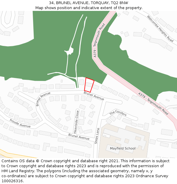 34, BRUNEL AVENUE, TORQUAY, TQ2 8NW: Location map and indicative extent of plot