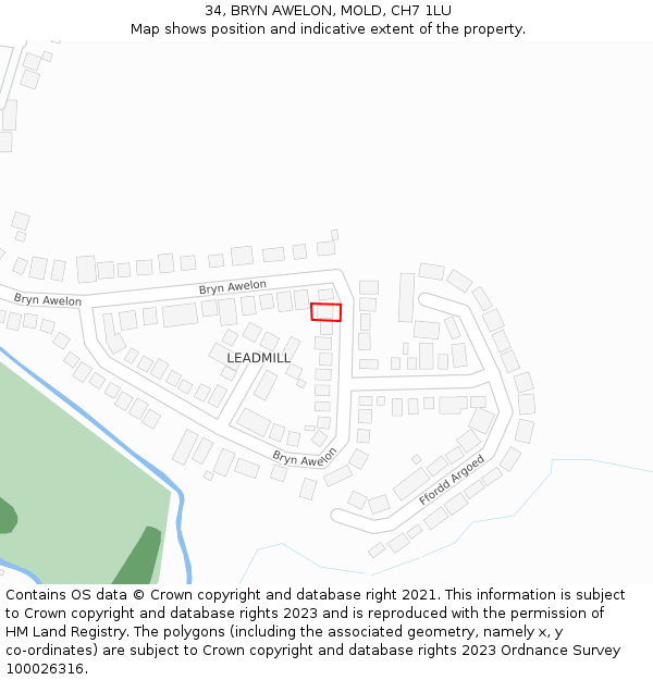 34, BRYN AWELON, MOLD, CH7 1LU: Location map and indicative extent of plot