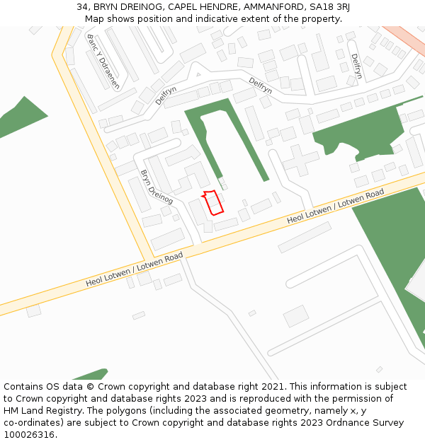 34, BRYN DREINOG, CAPEL HENDRE, AMMANFORD, SA18 3RJ: Location map and indicative extent of plot