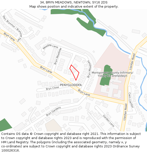 34, BRYN MEADOWS, NEWTOWN, SY16 2DS: Location map and indicative extent of plot