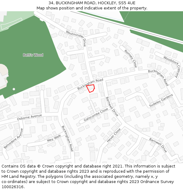 34, BUCKINGHAM ROAD, HOCKLEY, SS5 4UE: Location map and indicative extent of plot