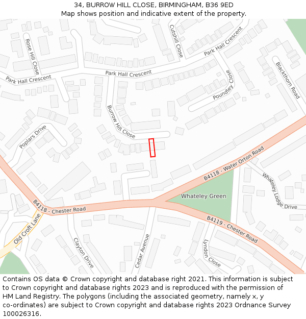 34, BURROW HILL CLOSE, BIRMINGHAM, B36 9ED: Location map and indicative extent of plot