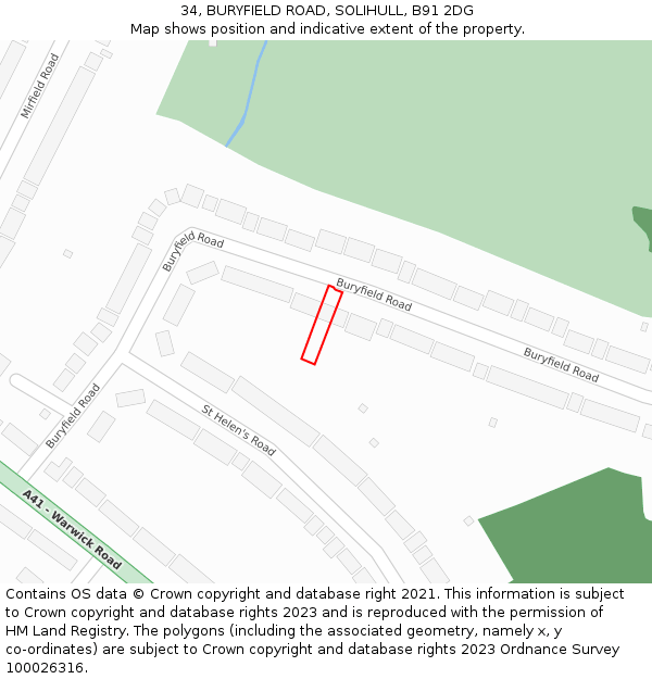 34, BURYFIELD ROAD, SOLIHULL, B91 2DG: Location map and indicative extent of plot
