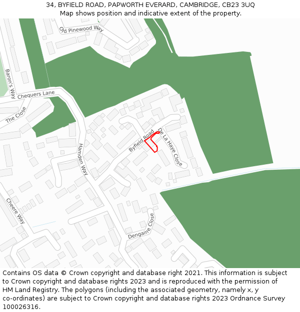 34, BYFIELD ROAD, PAPWORTH EVERARD, CAMBRIDGE, CB23 3UQ: Location map and indicative extent of plot