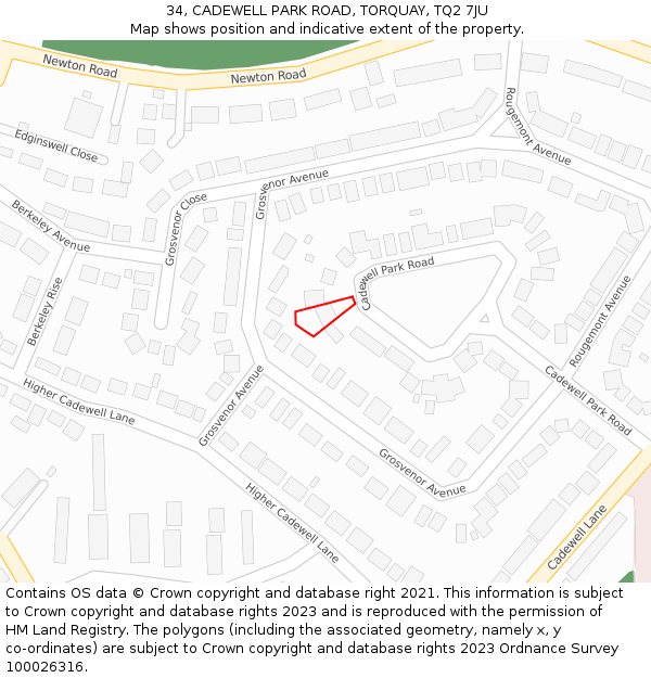 34, CADEWELL PARK ROAD, TORQUAY, TQ2 7JU: Location map and indicative extent of plot
