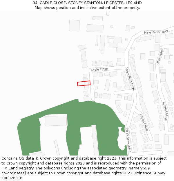 34, CADLE CLOSE, STONEY STANTON, LEICESTER, LE9 4HD: Location map and indicative extent of plot