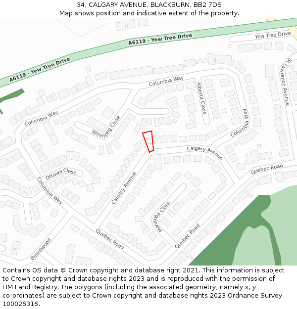34, CALGARY AVENUE, BLACKBURN, BB2 7DS: Location map and indicative extent of plot