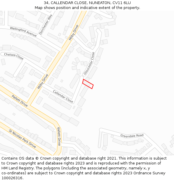 34, CALLENDAR CLOSE, NUNEATON, CV11 6LU: Location map and indicative extent of plot