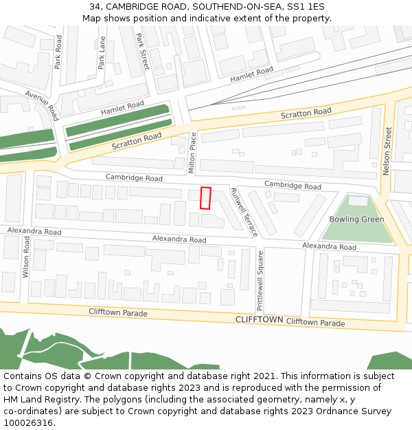 34, CAMBRIDGE ROAD, SOUTHEND-ON-SEA, SS1 1ES: Location map and indicative extent of plot