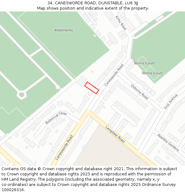 34, CANESWORDE ROAD, DUNSTABLE, LU6 3JJ: Location map and indicative extent of plot