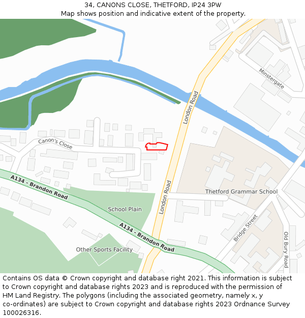 34, CANONS CLOSE, THETFORD, IP24 3PW: Location map and indicative extent of plot