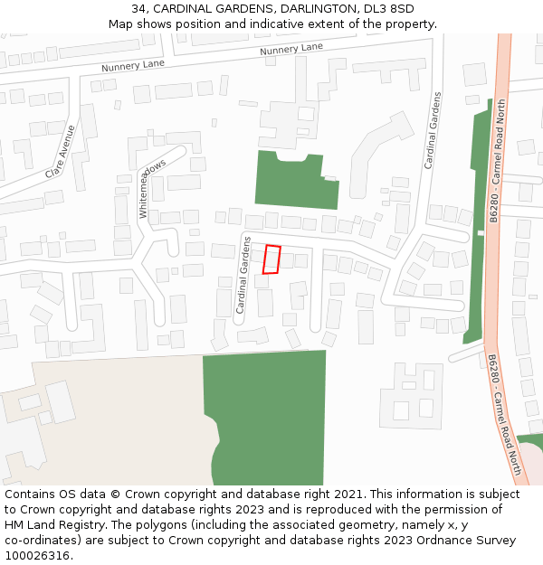 34, CARDINAL GARDENS, DARLINGTON, DL3 8SD: Location map and indicative extent of plot