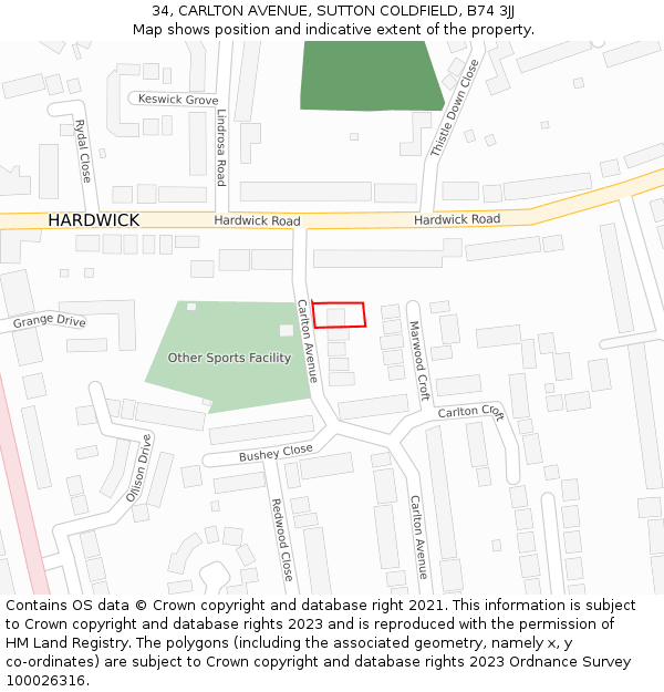 34, CARLTON AVENUE, SUTTON COLDFIELD, B74 3JJ: Location map and indicative extent of plot