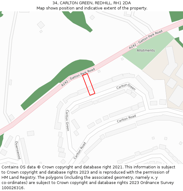 34, CARLTON GREEN, REDHILL, RH1 2DA: Location map and indicative extent of plot