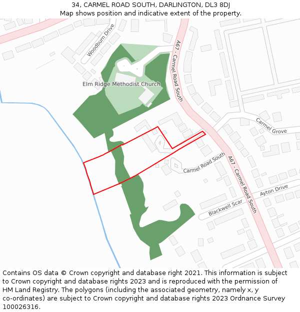 34, CARMEL ROAD SOUTH, DARLINGTON, DL3 8DJ: Location map and indicative extent of plot