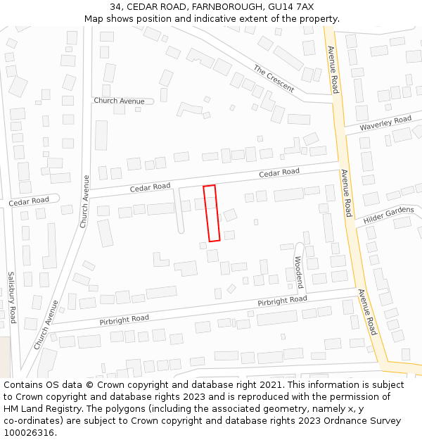 34, CEDAR ROAD, FARNBOROUGH, GU14 7AX: Location map and indicative extent of plot
