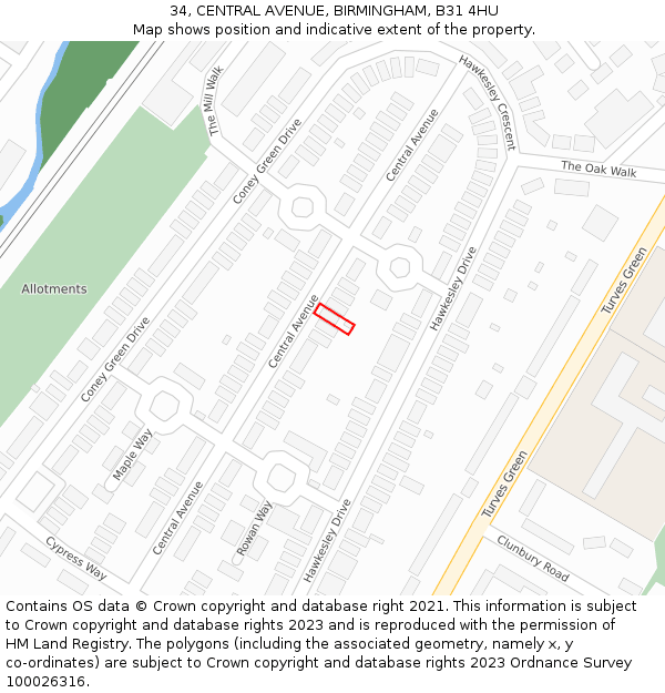 34, CENTRAL AVENUE, BIRMINGHAM, B31 4HU: Location map and indicative extent of plot