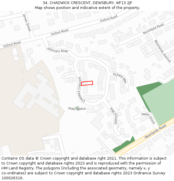 34, CHADWICK CRESCENT, DEWSBURY, WF13 2JF: Location map and indicative extent of plot