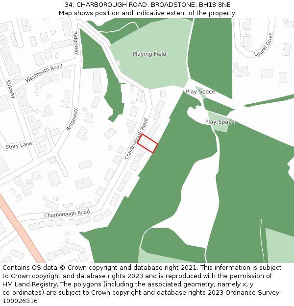 34, CHARBOROUGH ROAD, BROADSTONE, BH18 8NE: Location map and indicative extent of plot