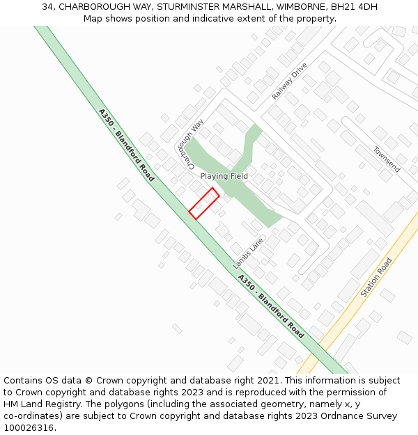 34, CHARBOROUGH WAY, STURMINSTER MARSHALL, WIMBORNE, BH21 4DH: Location map and indicative extent of plot