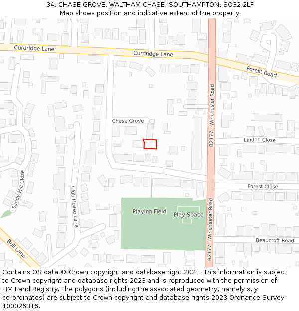 34, CHASE GROVE, WALTHAM CHASE, SOUTHAMPTON, SO32 2LF: Location map and indicative extent of plot