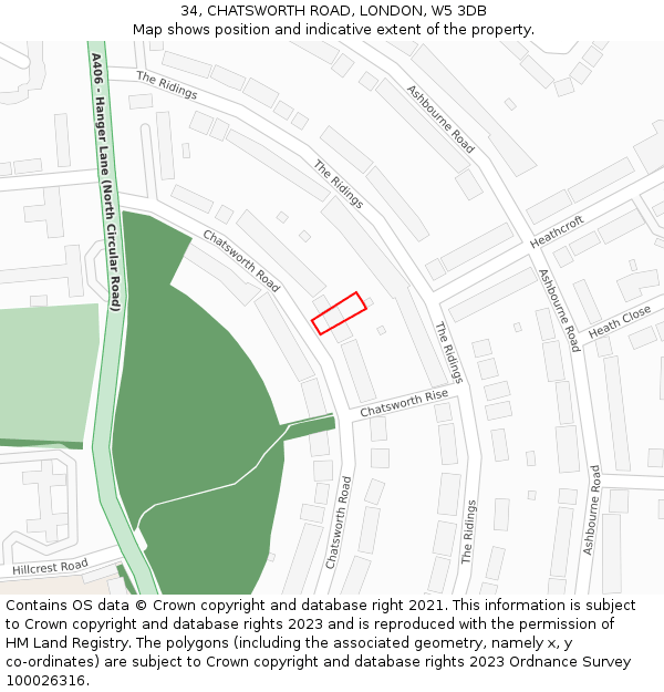 34, CHATSWORTH ROAD, LONDON, W5 3DB: Location map and indicative extent of plot