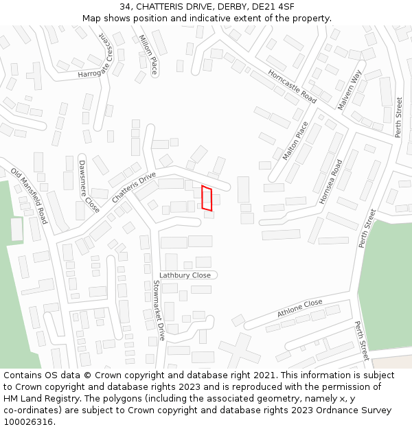 34, CHATTERIS DRIVE, DERBY, DE21 4SF: Location map and indicative extent of plot