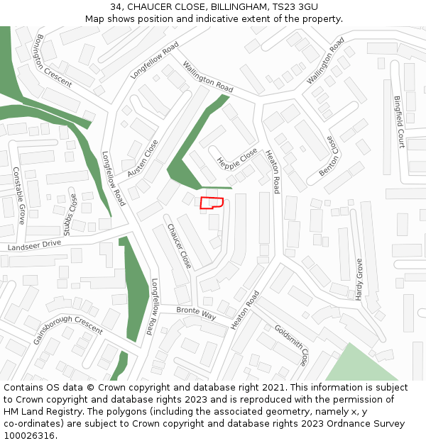 34, CHAUCER CLOSE, BILLINGHAM, TS23 3GU: Location map and indicative extent of plot