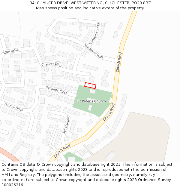 34, CHAUCER DRIVE, WEST WITTERING, CHICHESTER, PO20 8BZ: Location map and indicative extent of plot