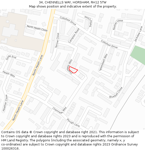 34, CHENNELLS WAY, HORSHAM, RH12 5TW: Location map and indicative extent of plot