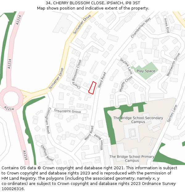 34, CHERRY BLOSSOM CLOSE, IPSWICH, IP8 3ST: Location map and indicative extent of plot