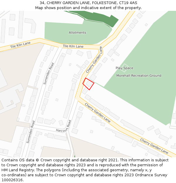 34, CHERRY GARDEN LANE, FOLKESTONE, CT19 4AS: Location map and indicative extent of plot