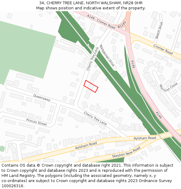 34, CHERRY TREE LANE, NORTH WALSHAM, NR28 0HR: Location map and indicative extent of plot