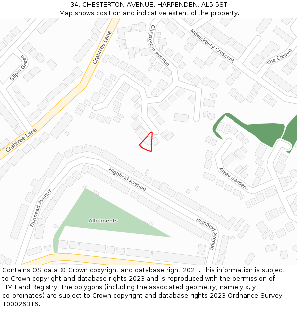 34, CHESTERTON AVENUE, HARPENDEN, AL5 5ST: Location map and indicative extent of plot