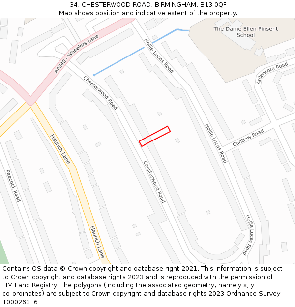 34, CHESTERWOOD ROAD, BIRMINGHAM, B13 0QF: Location map and indicative extent of plot