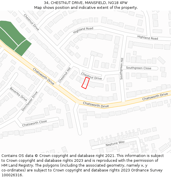 34, CHESTNUT DRIVE, MANSFIELD, NG18 4PW: Location map and indicative extent of plot