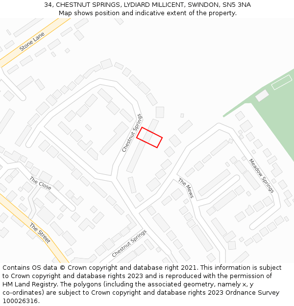 34, CHESTNUT SPRINGS, LYDIARD MILLICENT, SWINDON, SN5 3NA: Location map and indicative extent of plot