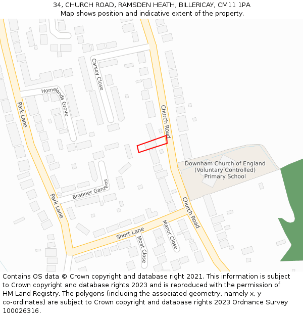 34, CHURCH ROAD, RAMSDEN HEATH, BILLERICAY, CM11 1PA: Location map and indicative extent of plot