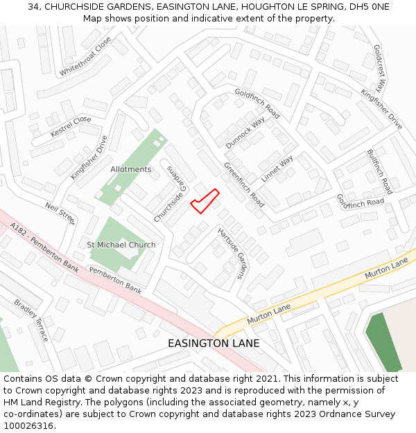 34, CHURCHSIDE GARDENS, EASINGTON LANE, HOUGHTON LE SPRING, DH5 0NE: Location map and indicative extent of plot