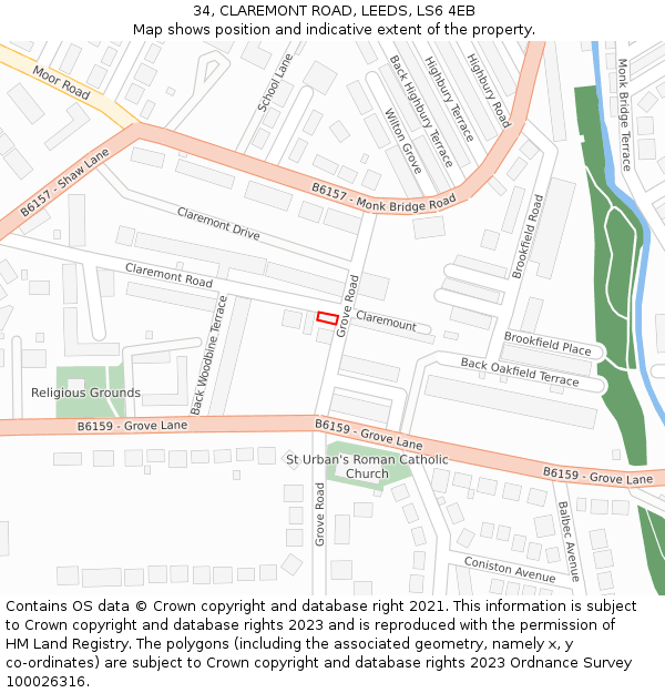 34, CLAREMONT ROAD, LEEDS, LS6 4EB: Location map and indicative extent of plot