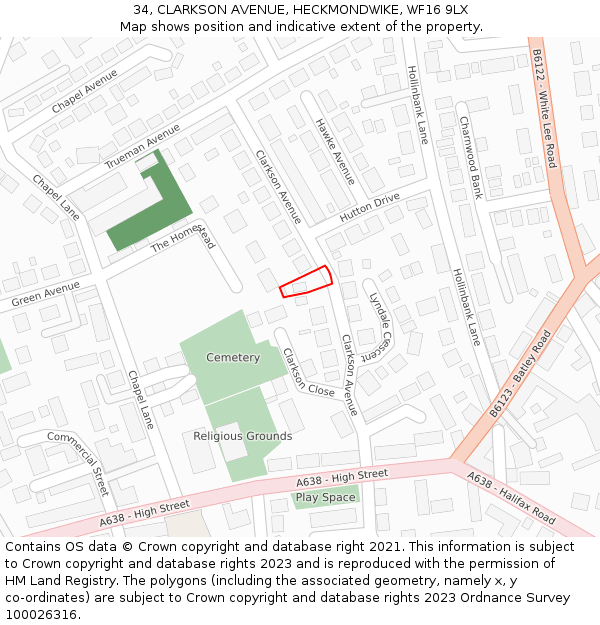 34, CLARKSON AVENUE, HECKMONDWIKE, WF16 9LX: Location map and indicative extent of plot