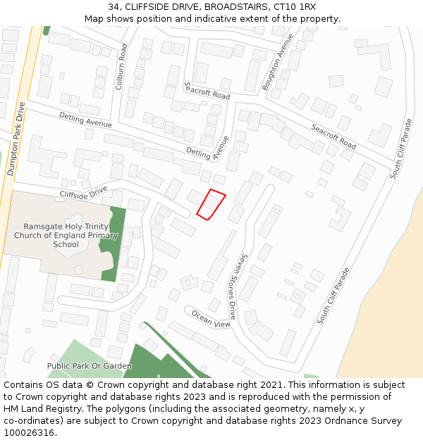 34, CLIFFSIDE DRIVE, BROADSTAIRS, CT10 1RX: Location map and indicative extent of plot