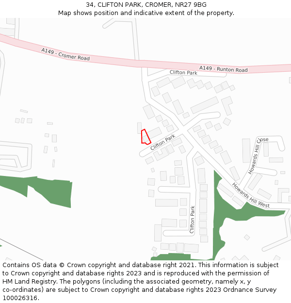 34, CLIFTON PARK, CROMER, NR27 9BG: Location map and indicative extent of plot