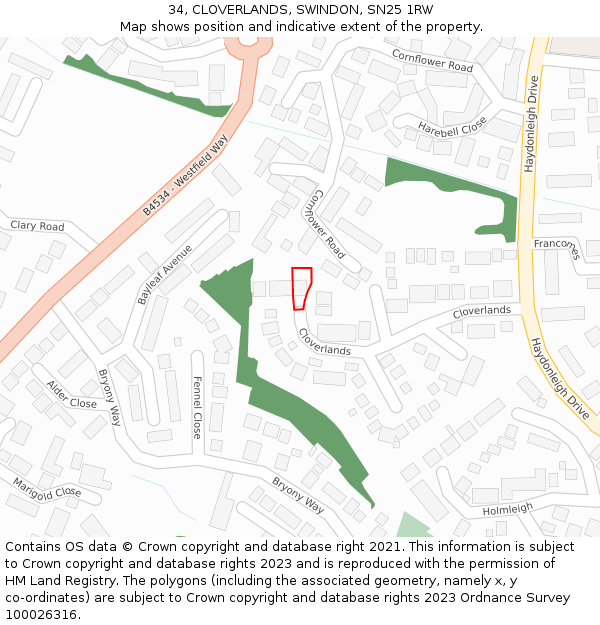 34, CLOVERLANDS, SWINDON, SN25 1RW: Location map and indicative extent of plot