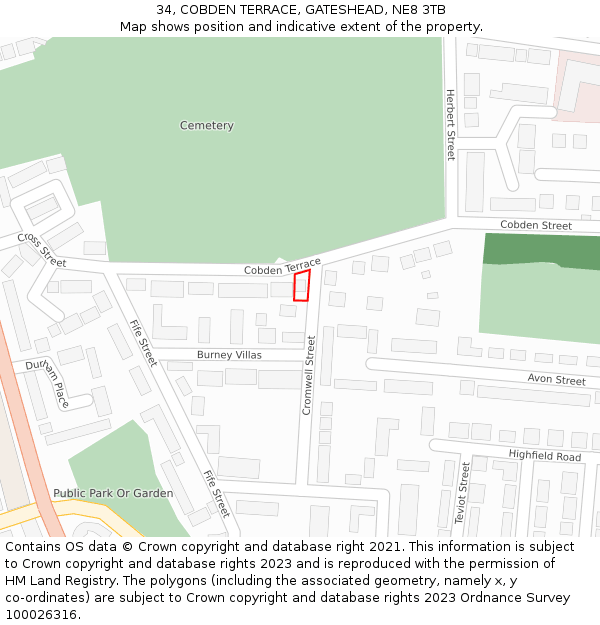 34, COBDEN TERRACE, GATESHEAD, NE8 3TB: Location map and indicative extent of plot
