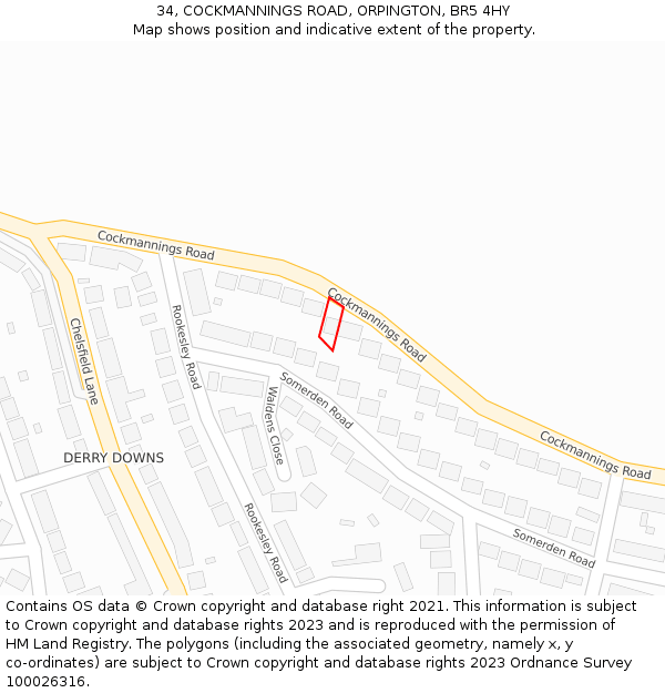 34, COCKMANNINGS ROAD, ORPINGTON, BR5 4HY: Location map and indicative extent of plot