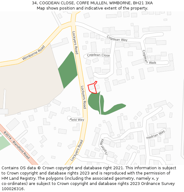 34, COGDEAN CLOSE, CORFE MULLEN, WIMBORNE, BH21 3XA: Location map and indicative extent of plot