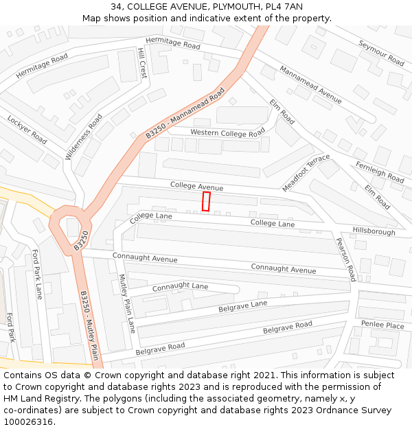 34, COLLEGE AVENUE, PLYMOUTH, PL4 7AN: Location map and indicative extent of plot