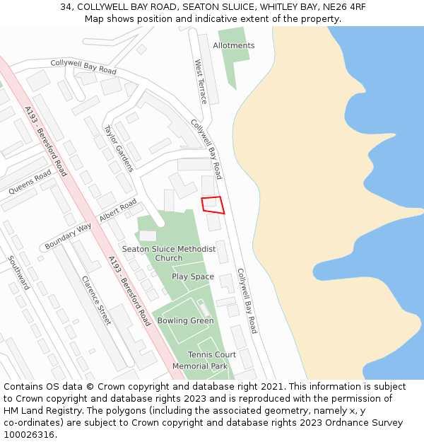 34, COLLYWELL BAY ROAD, SEATON SLUICE, WHITLEY BAY, NE26 4RF: Location map and indicative extent of plot
